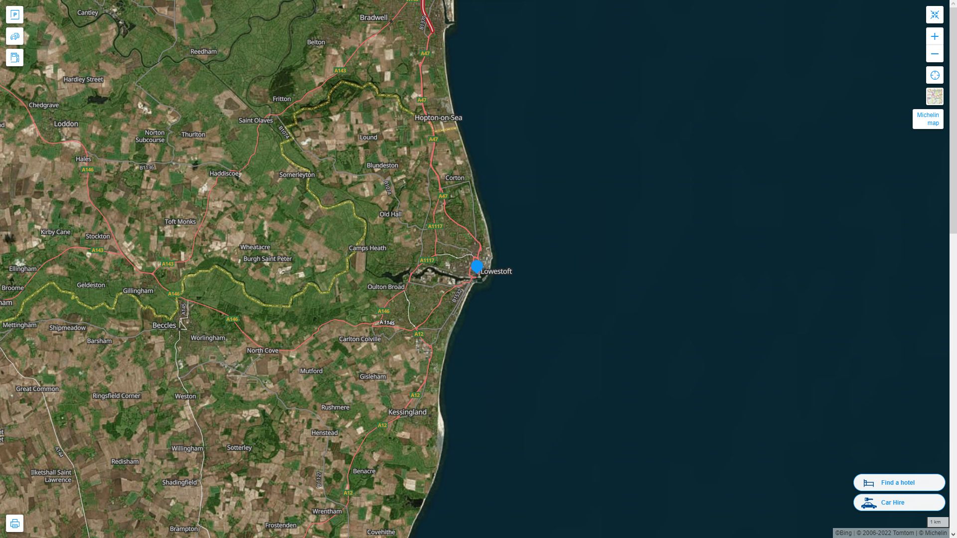 Lowestoft Royaume Uni Autoroute et carte routiere avec vue satellite